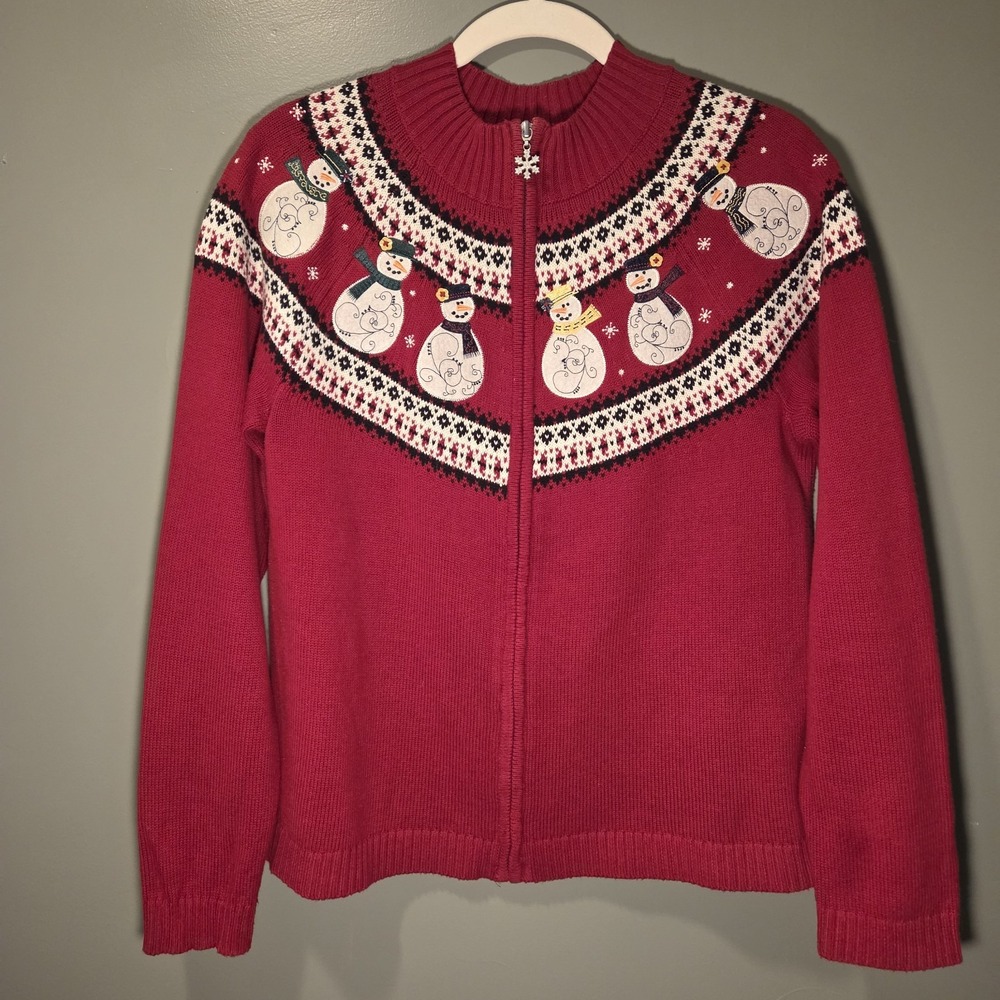 Christopher & Banks Snowman Winter Full Zip Cotton‎ Knit Sweater, Women's Size M
